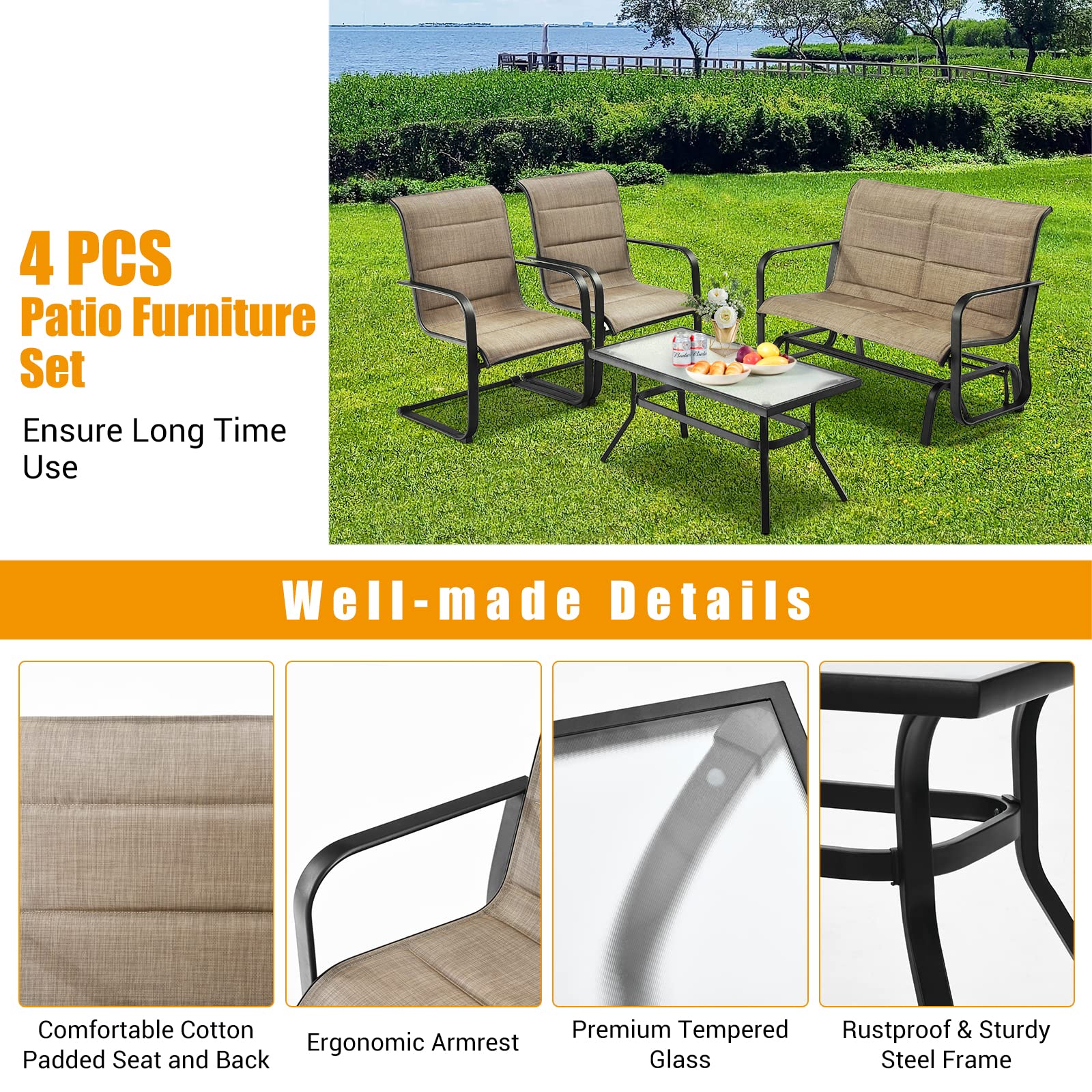 Brown 4-Piece Metal Outdoor Patio Conversation Set with Padded Glider Loveseat and Coffee Table
