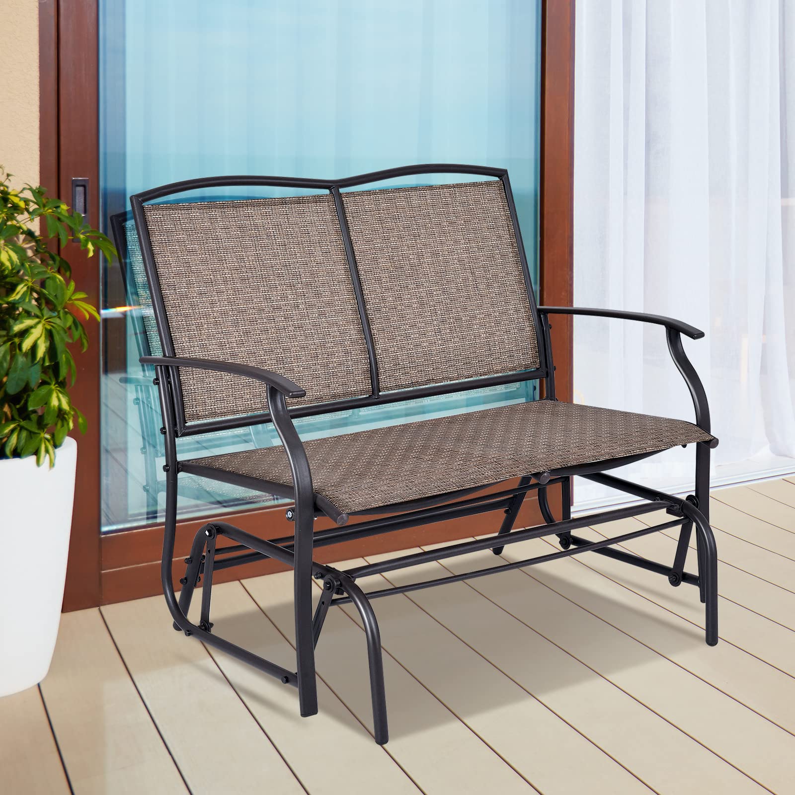 Brown 2-Person Steel Outdoor Rocking Chair Patio Padded Sling Glider
