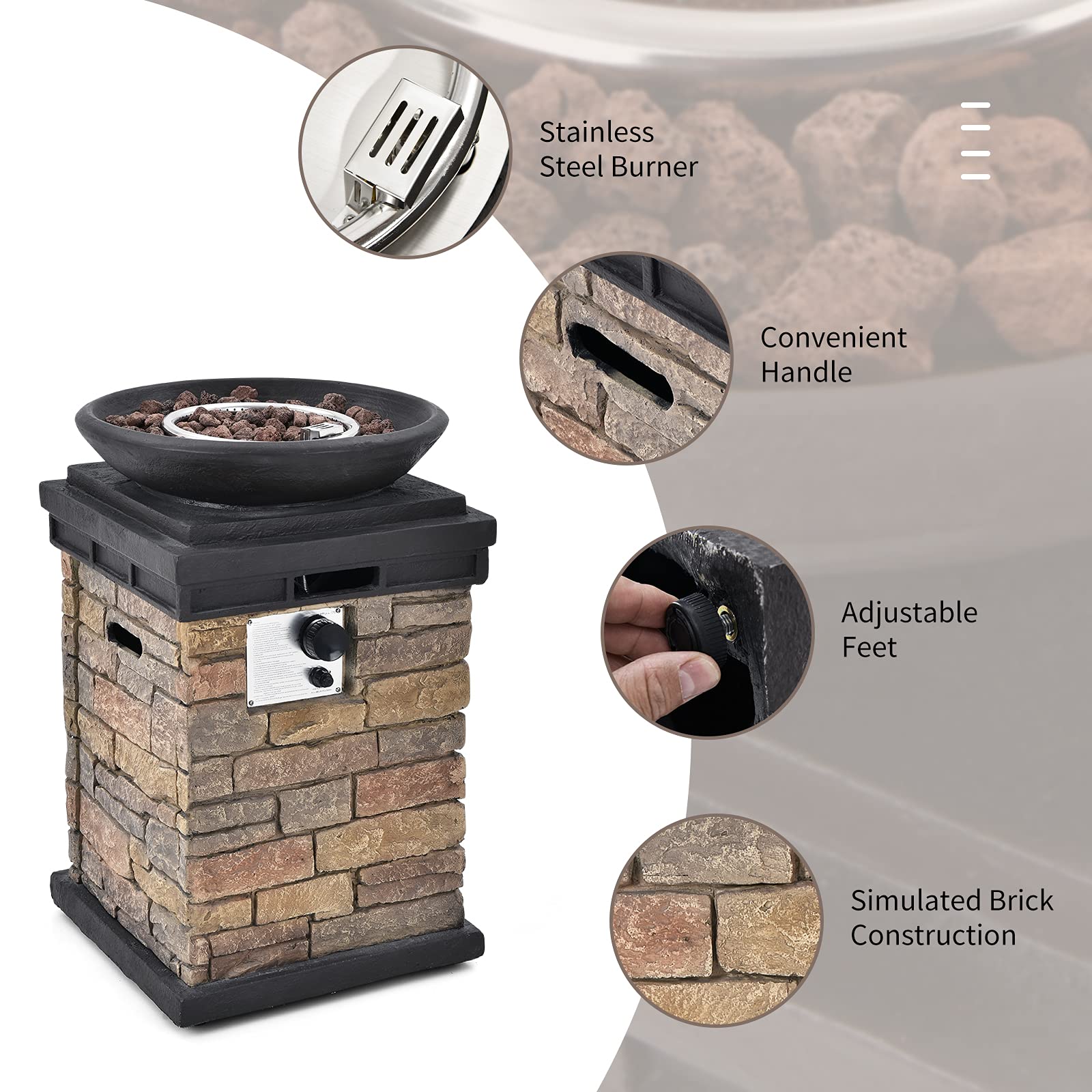 18 in. Brown Square 40000 BTU Outdoor Gas Fire Pit Propane Burning Fire Bowl