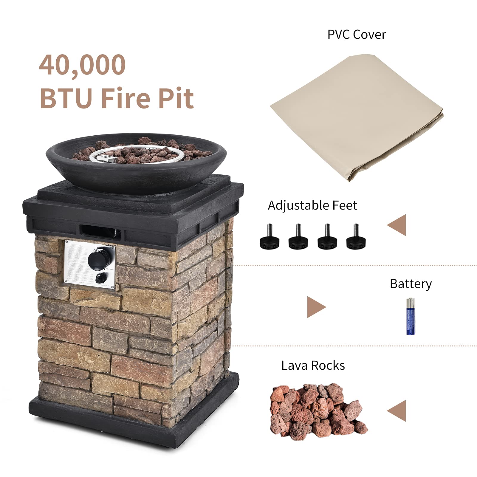 18 in. Brown Square 40000 BTU Outdoor Gas Fire Pit Propane Burning Fire Bowl