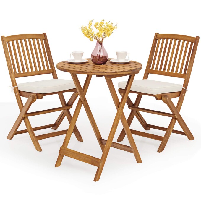 Brown 3-Piece Folding Wooden Outdoor Bistro Set with Cream Cushions