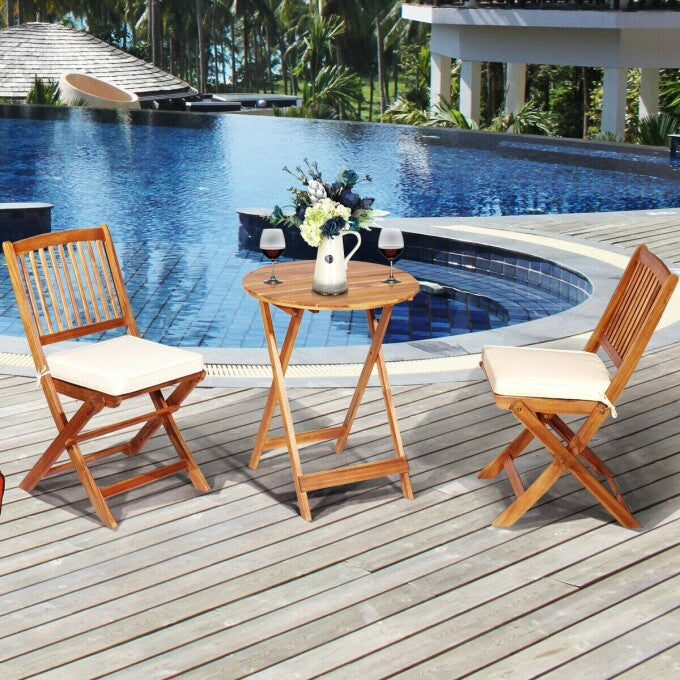 Brown 3-Piece Folding Wooden Outdoor Bistro Set with Cream Cushions
