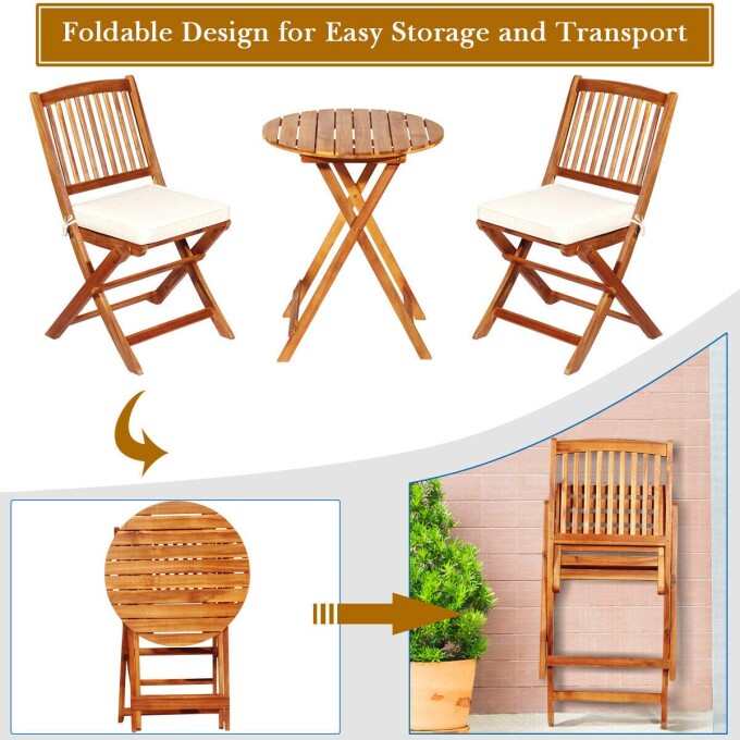 Brown 3-Piece Folding Wooden Outdoor Bistro Set with Cream Cushions