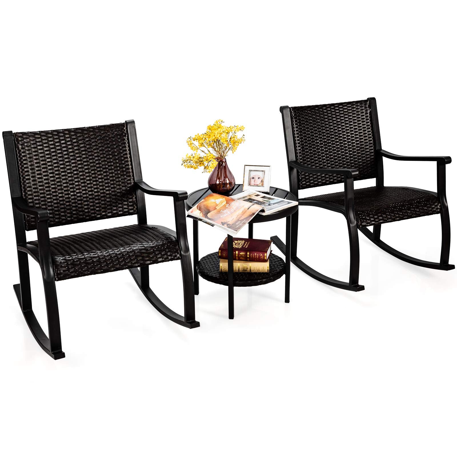 Black 3-Pieces Wicker Outdoor Rocking Chair Set with Coffee Table