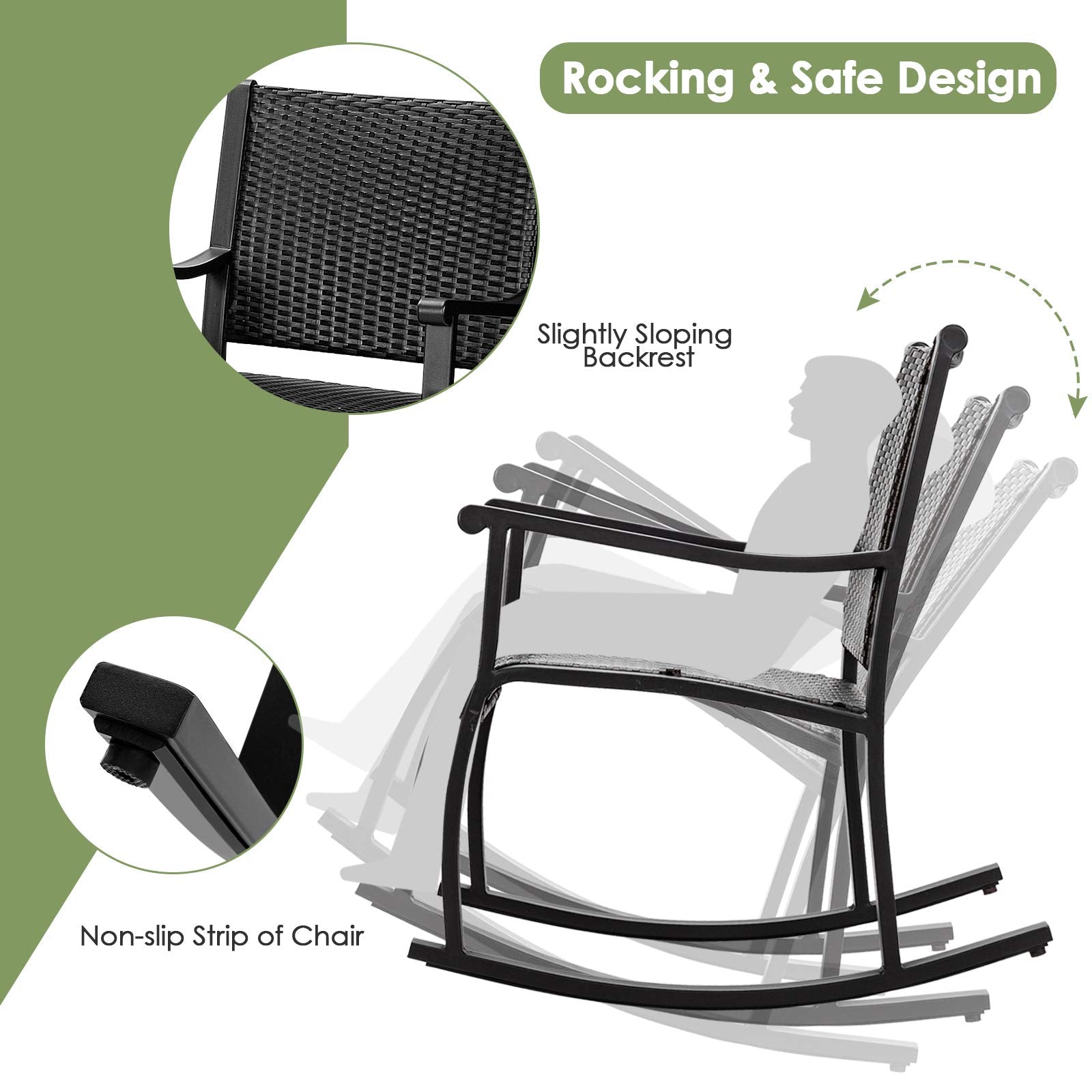 Black 3-Pieces Wicker Outdoor Rocking Chair Set with Coffee Table