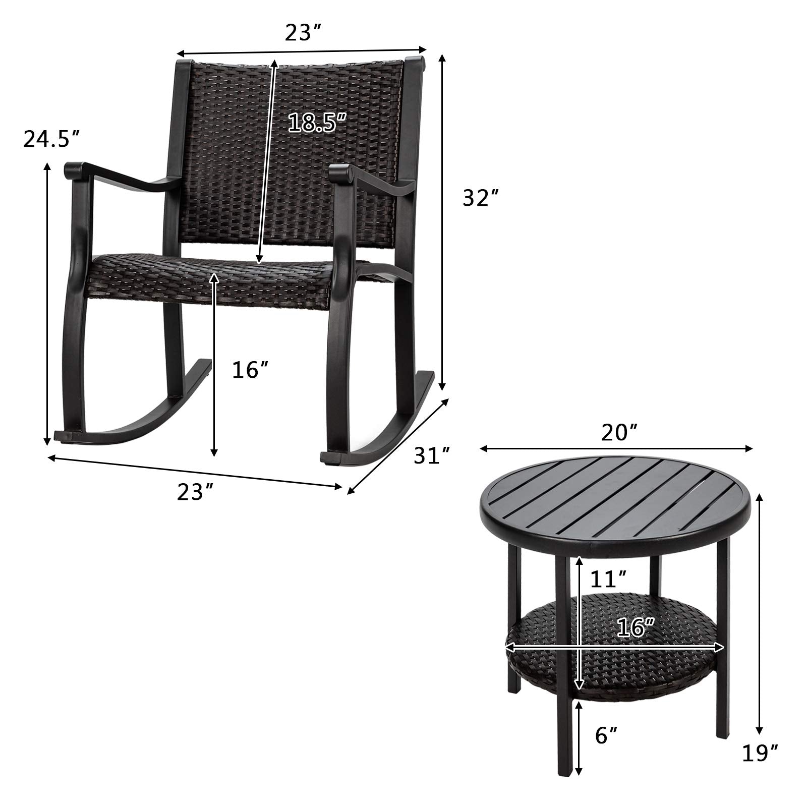 Black 3-Pieces Wicker Outdoor Rocking Chair Set with Coffee Table