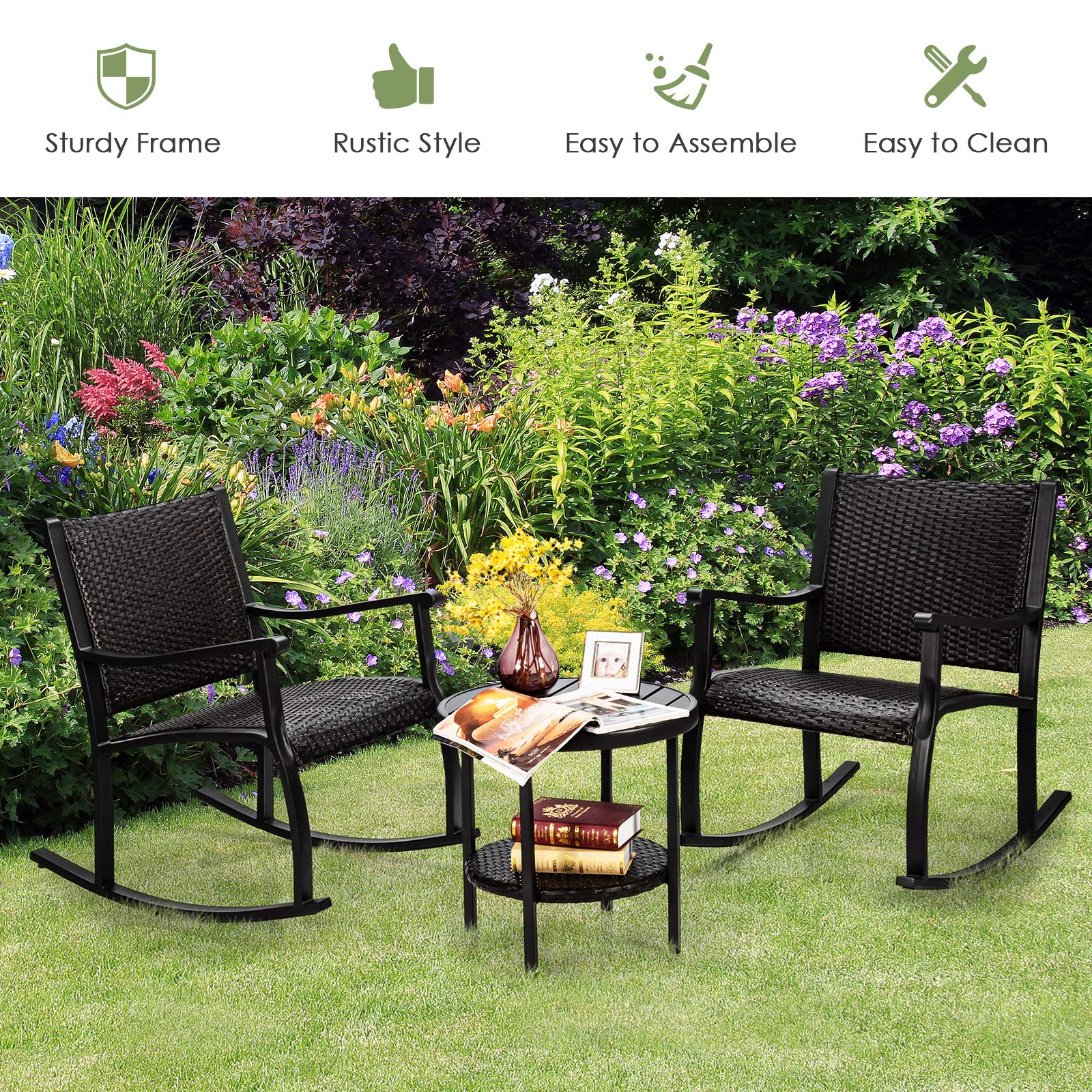 Black 3-Pieces Wicker Outdoor Rocking Chair Set with Coffee Table