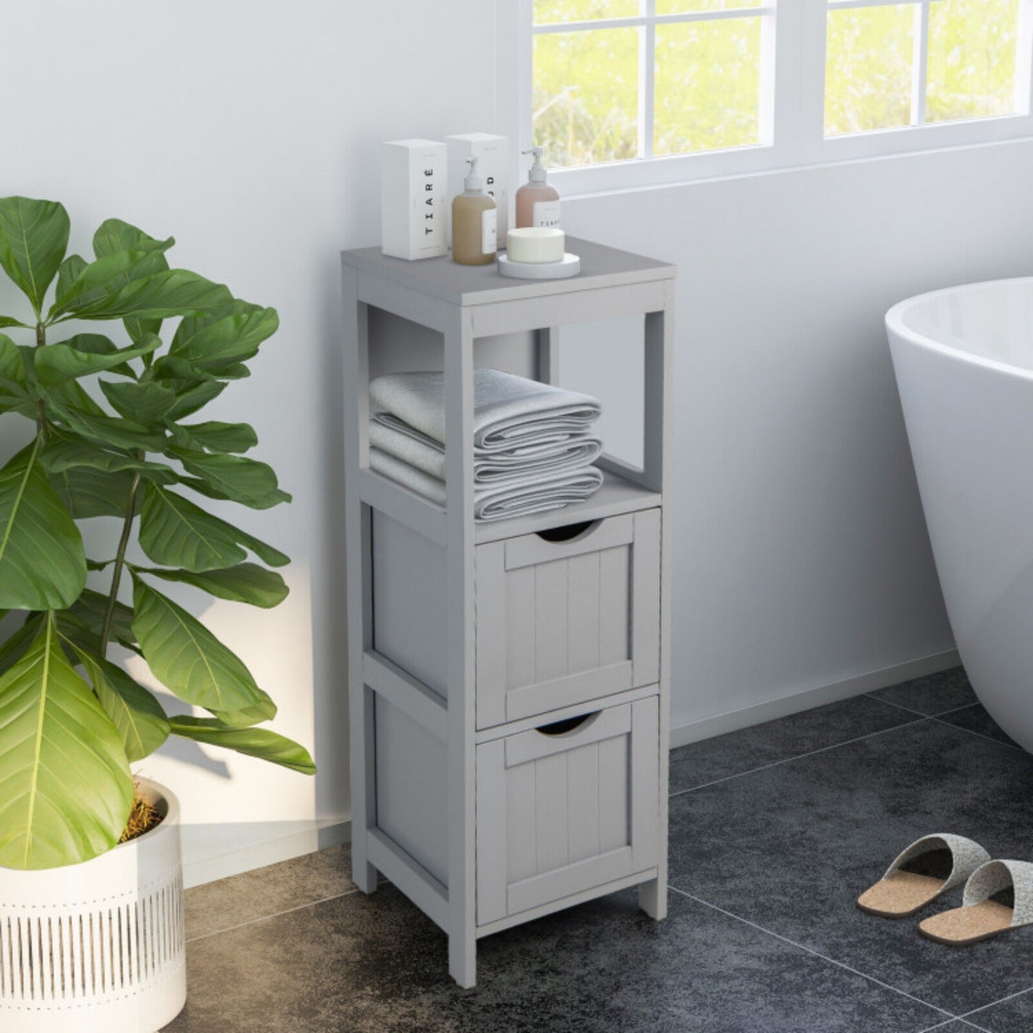 SUGIFT Wooden Bathroom Floor Cabinet with Removable Drawers, Gray