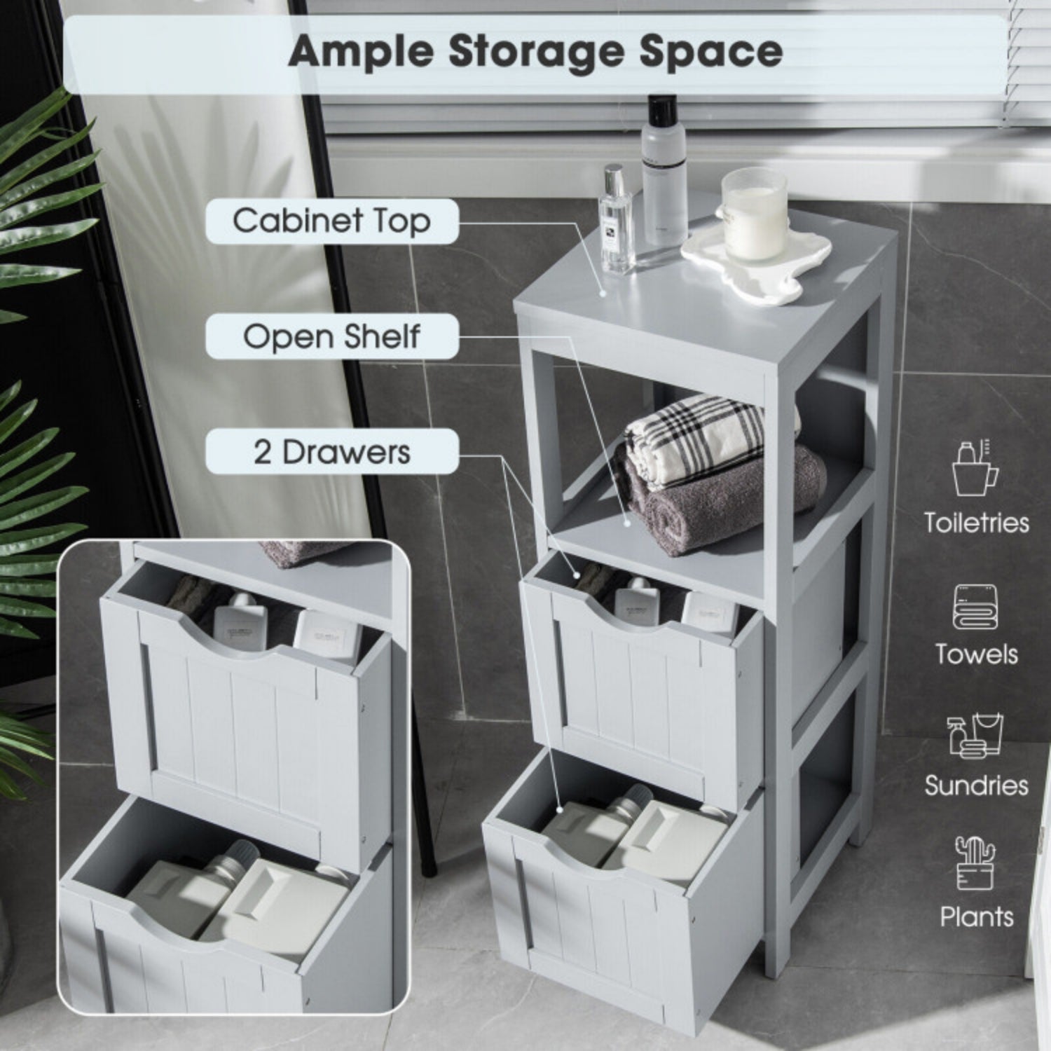 SUGIFT Wooden Bathroom Floor Cabinet with Removable Drawers, Gray