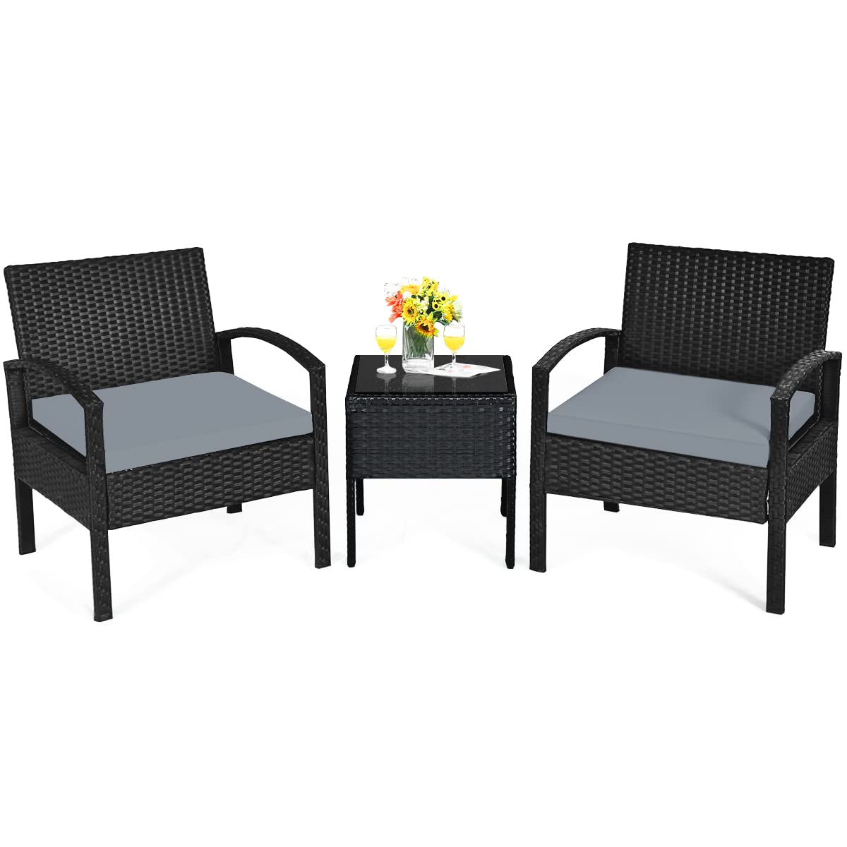 Black 3-Piece Wicker Outdoor Patio Conversation Set with Gray Cushions