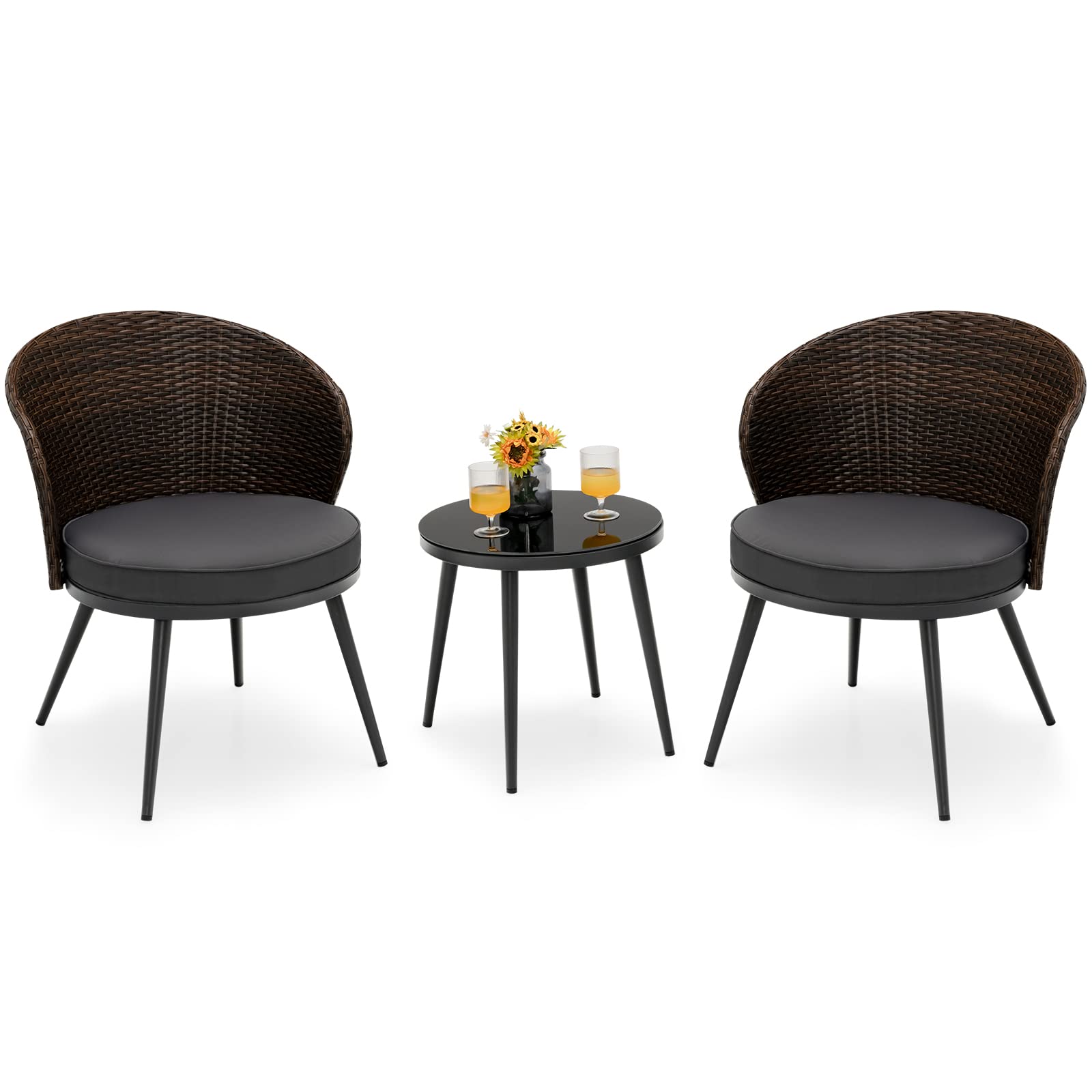 3-Piece Wicker Outdoor Patio Conversation Set with Gray Cushions and Tempered Glass Table