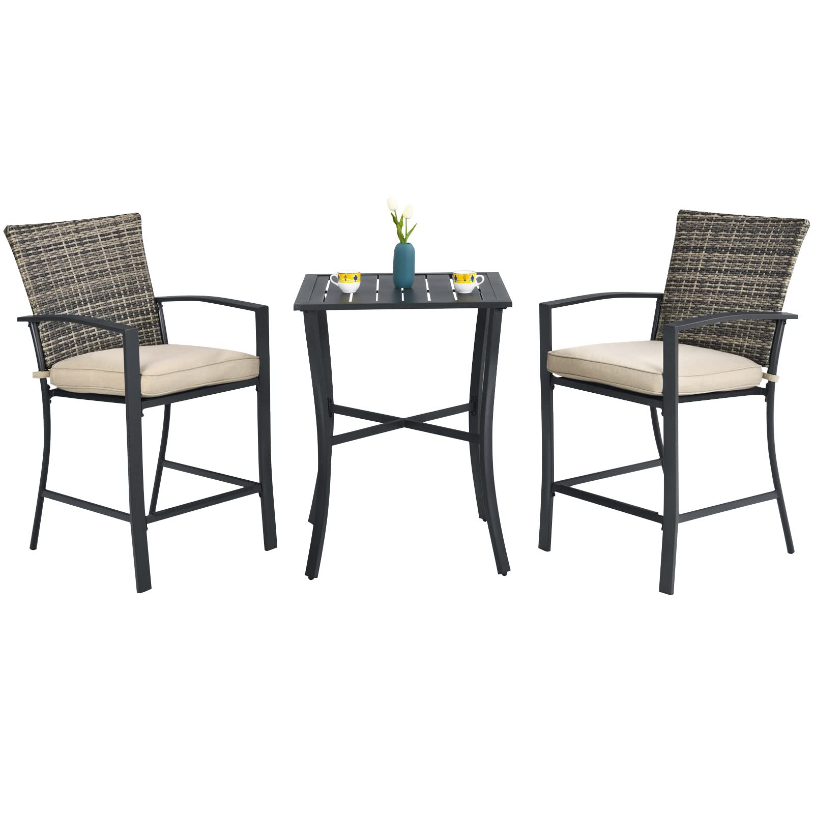3-Piece Wicker Outdoor Bistro Set with Beige Cushions