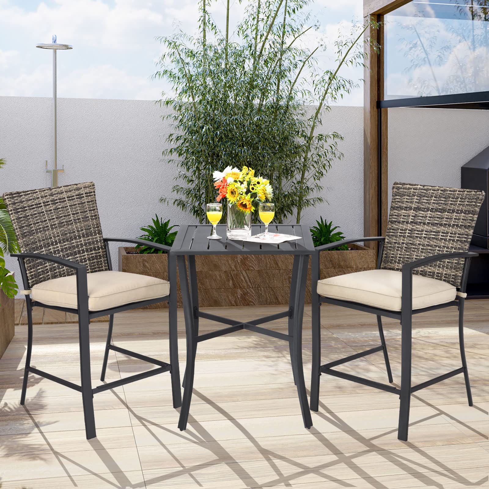 3-Piece Wicker Outdoor Bistro Set with Beige Cushions