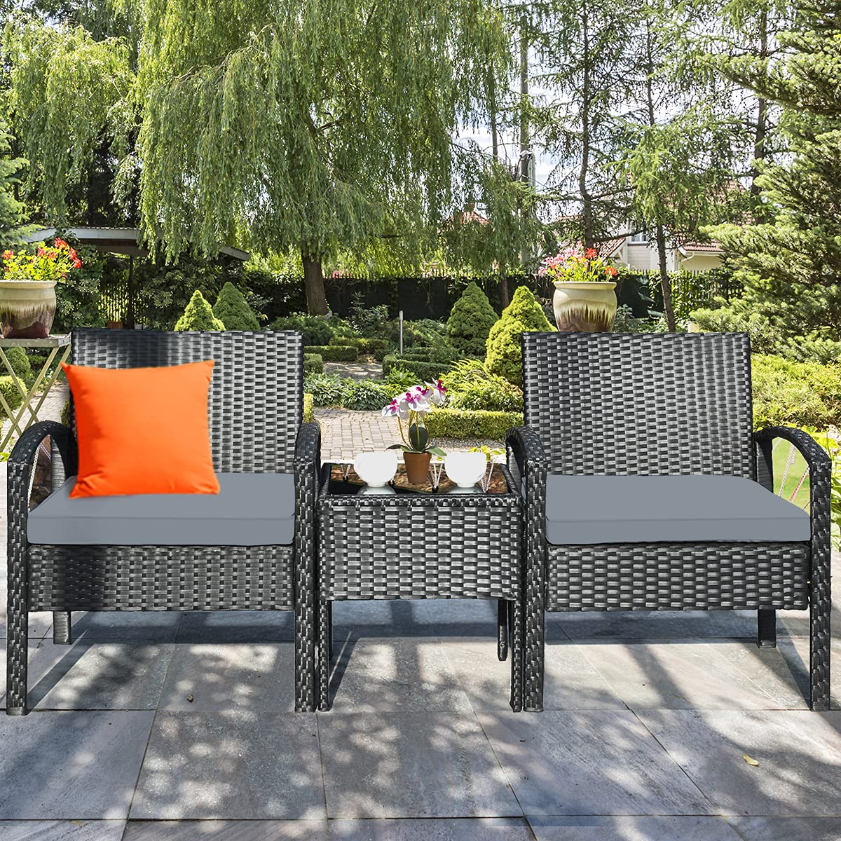 Black 3-Piece Wicker Outdoor Patio Conversation Set with Gray Cushions