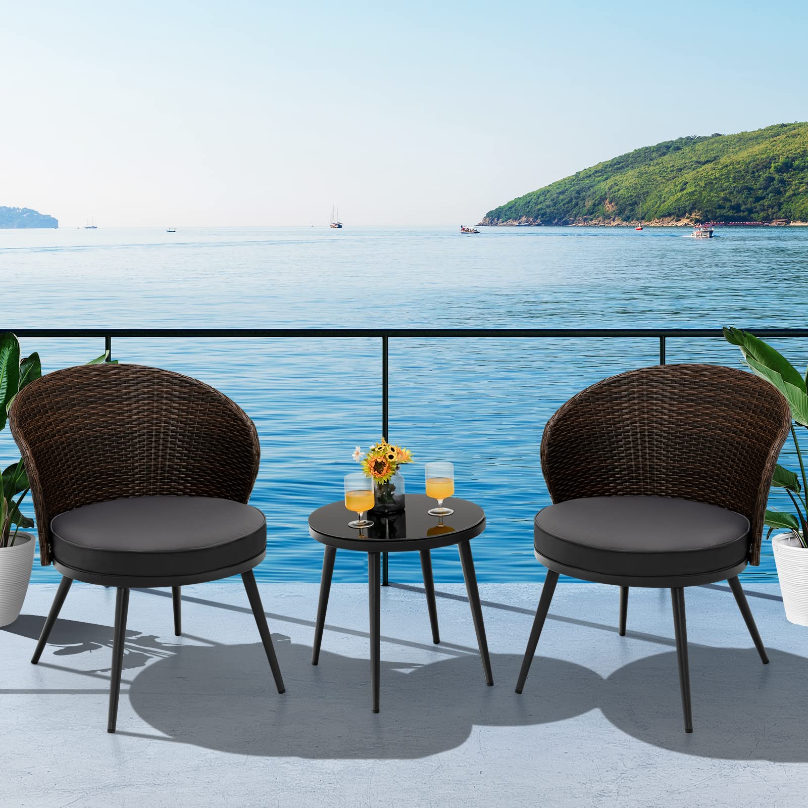 3-Piece Wicker Outdoor Patio Conversation Set with Gray Cushions and Tempered Glass Table