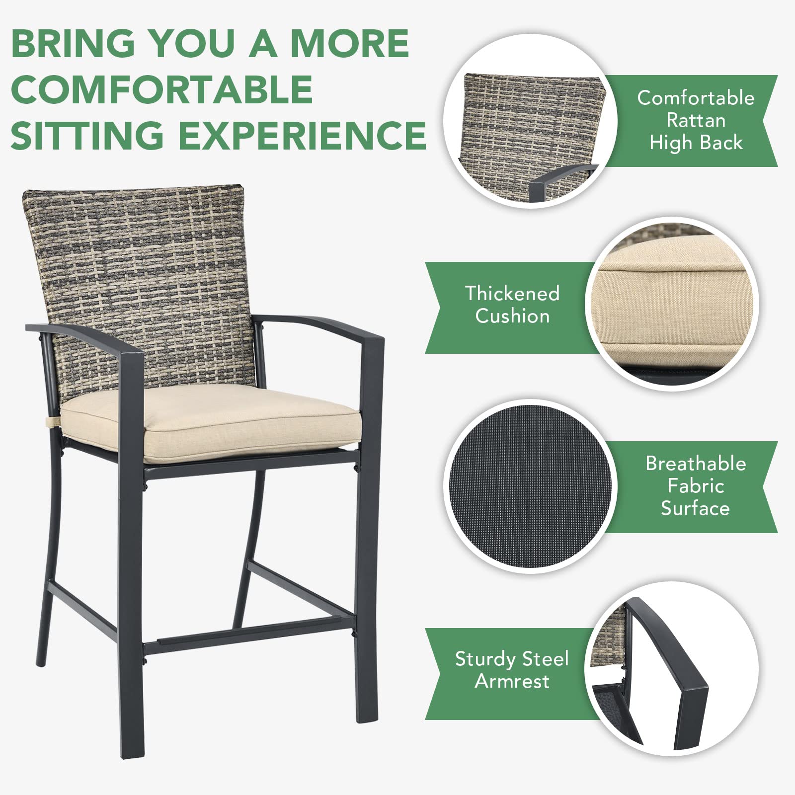 3-Piece Wicker Outdoor Bistro Set with Beige Cushions