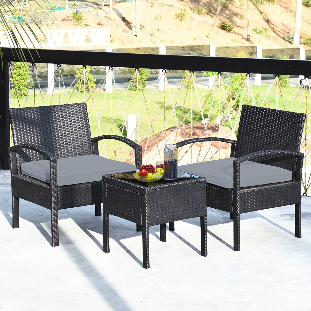 Black 3-Piece Wicker Outdoor Patio Conversation Set with Gray Cushions