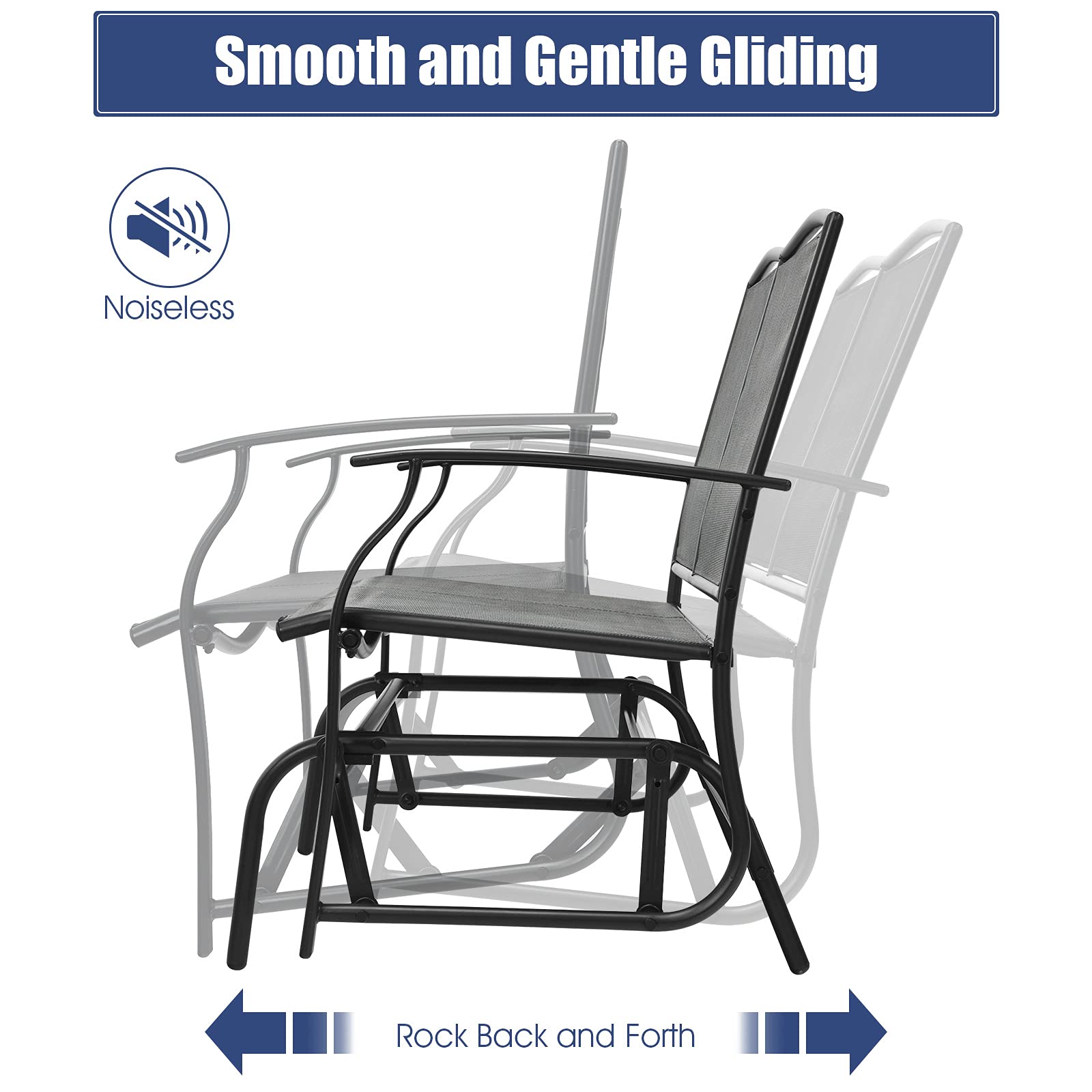Gray 2-Person Steel Outdoor Rocking Chair Patio Padded Sling Glider