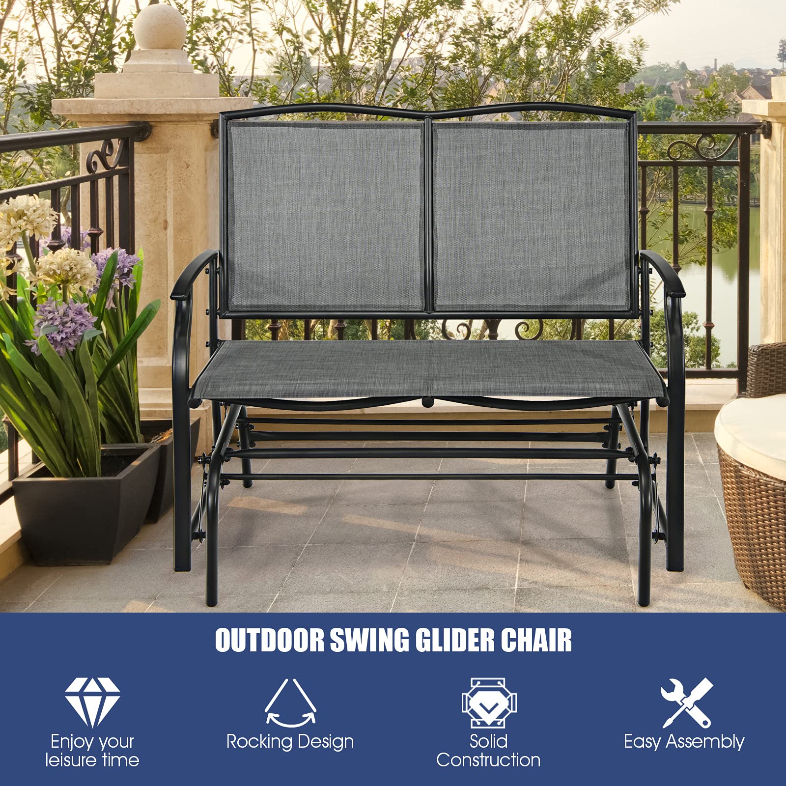 Gray 2-Person Steel Outdoor Rocking Chair Patio Padded Sling Glider