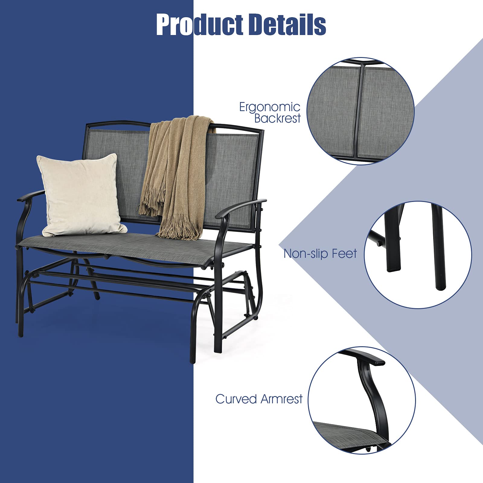 Gray 2-Person Steel Outdoor Rocking Chair Patio Padded Sling Glider