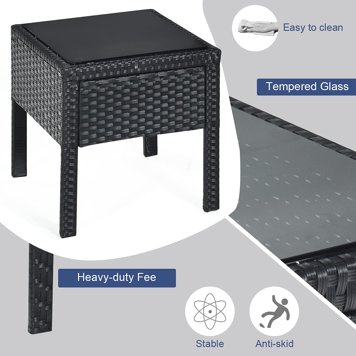 Black 3-Piece Wicker Outdoor Patio Conversation Set with Gray Cushions