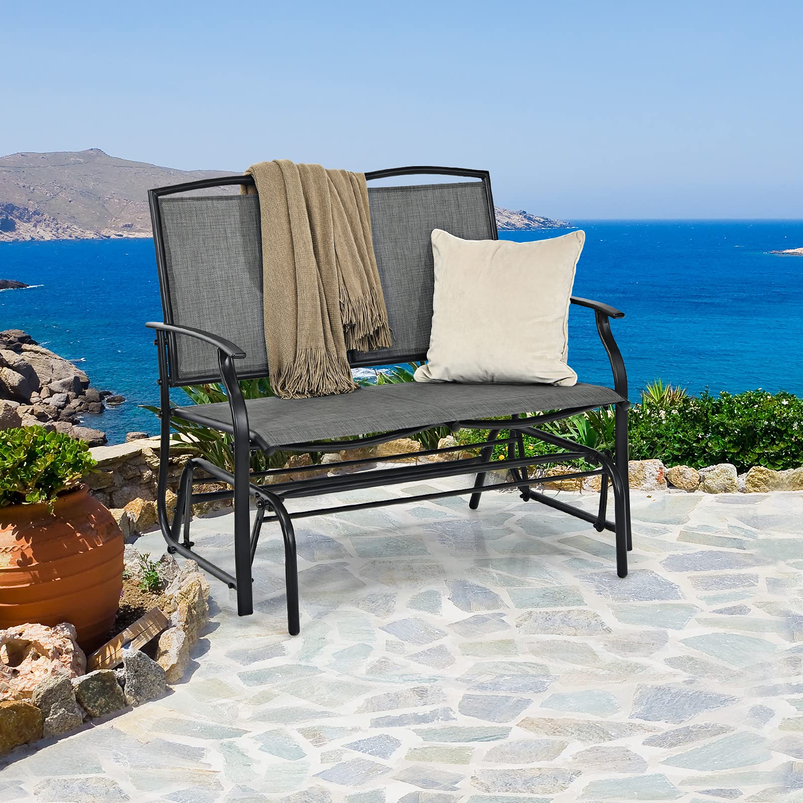 Gray 2-Person Steel Outdoor Rocking Chair Patio Padded Sling Glider