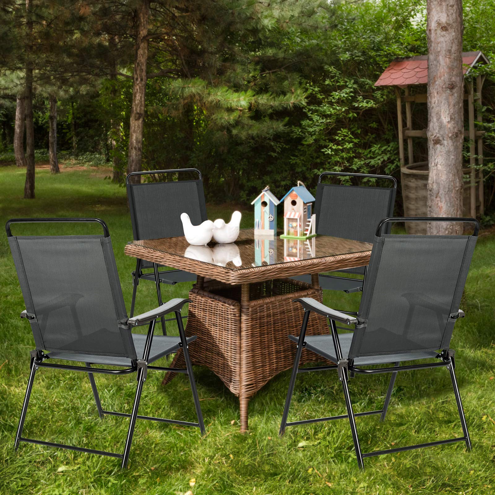 Gray Steel Portable Folding Chair Outdoor Patio Dining Chair with Armrest (4-Pack)