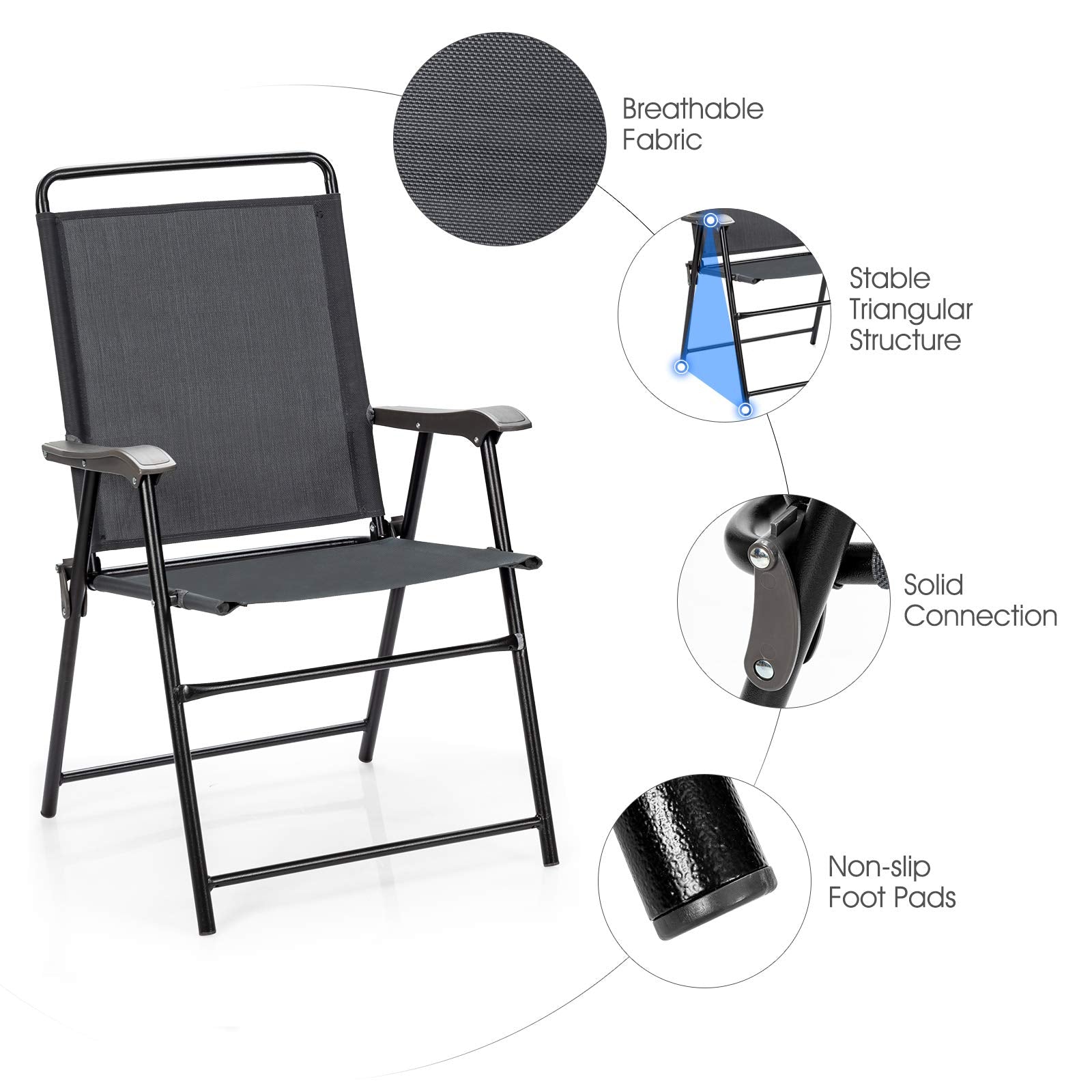 Gray Steel Portable Folding Chair Outdoor Patio Dining Chair with Armrest (4-Pack)