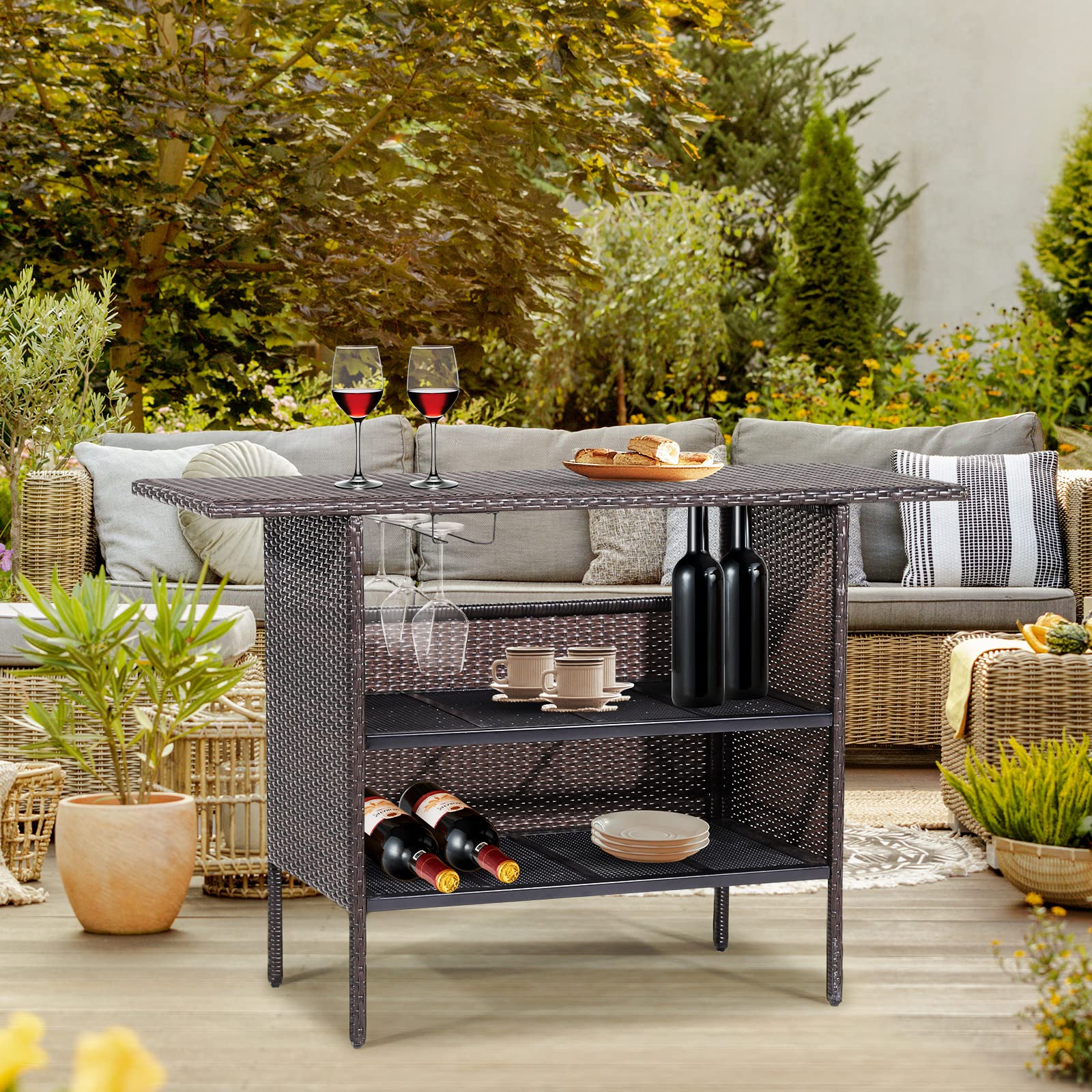 Brown Wicker Outdoor Bar with Counter Table Shelves