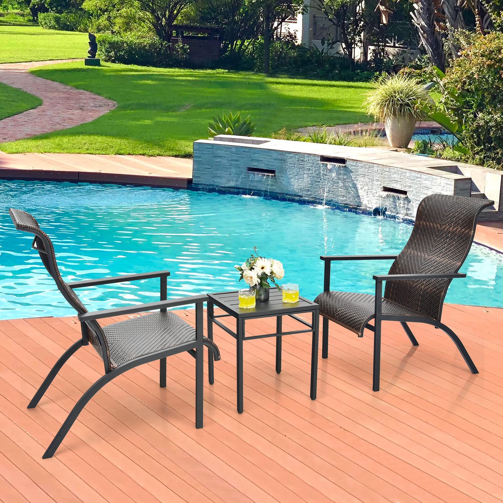 Brown 3-Piece Wicker Outdoor Bistro Set with High Backrest and Armrest