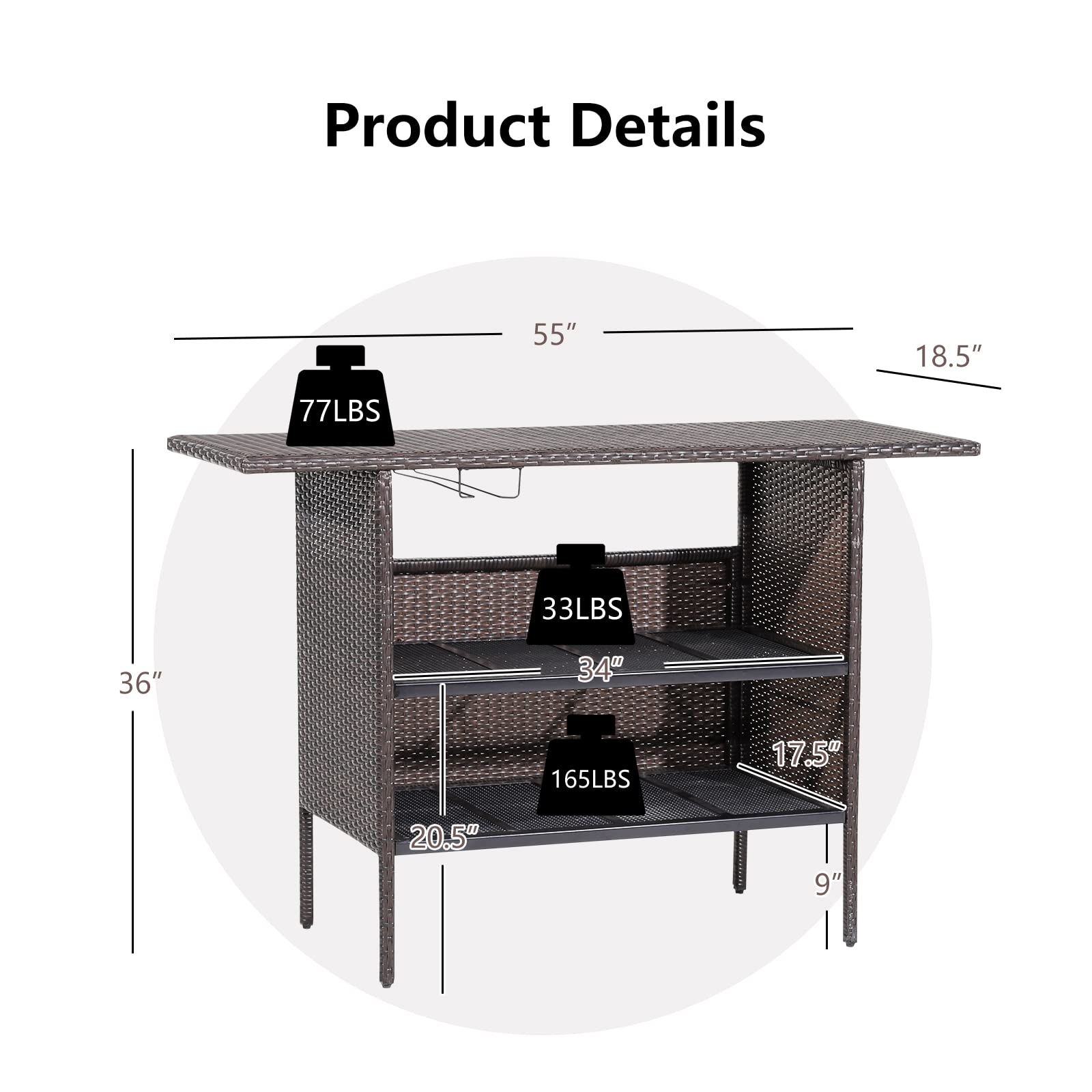 Brown Wicker Outdoor Bar with Counter Table Shelves