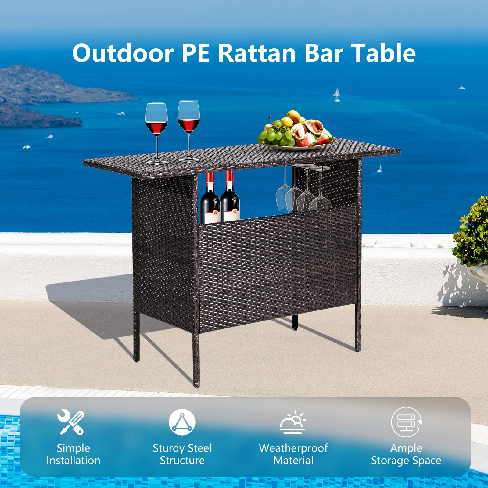 Brown Wicker Outdoor Bar with Counter Table Shelves