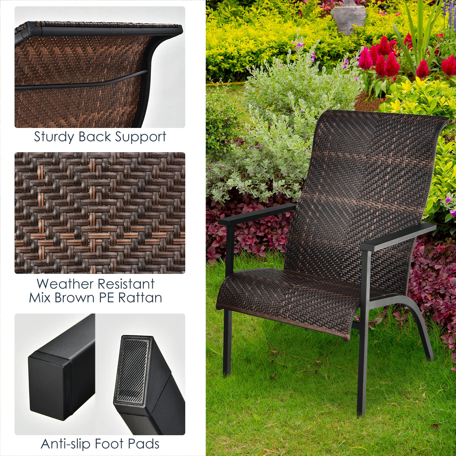 Brown 3-Piece Wicker Outdoor Bistro Set with High Backrest and Armrest