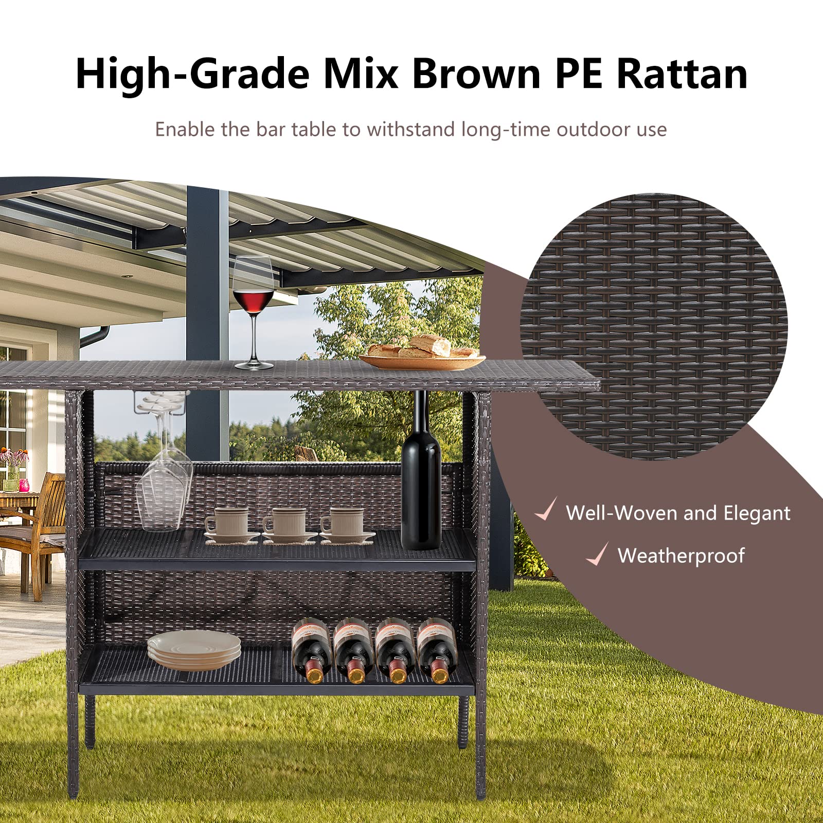 Brown Wicker Outdoor Bar with Counter Table Shelves
