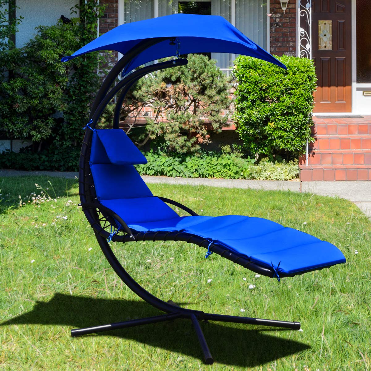 Metal Outdoor Floating Hanging Chaise Lounge Chair with Stand and Navy Blue Cushion