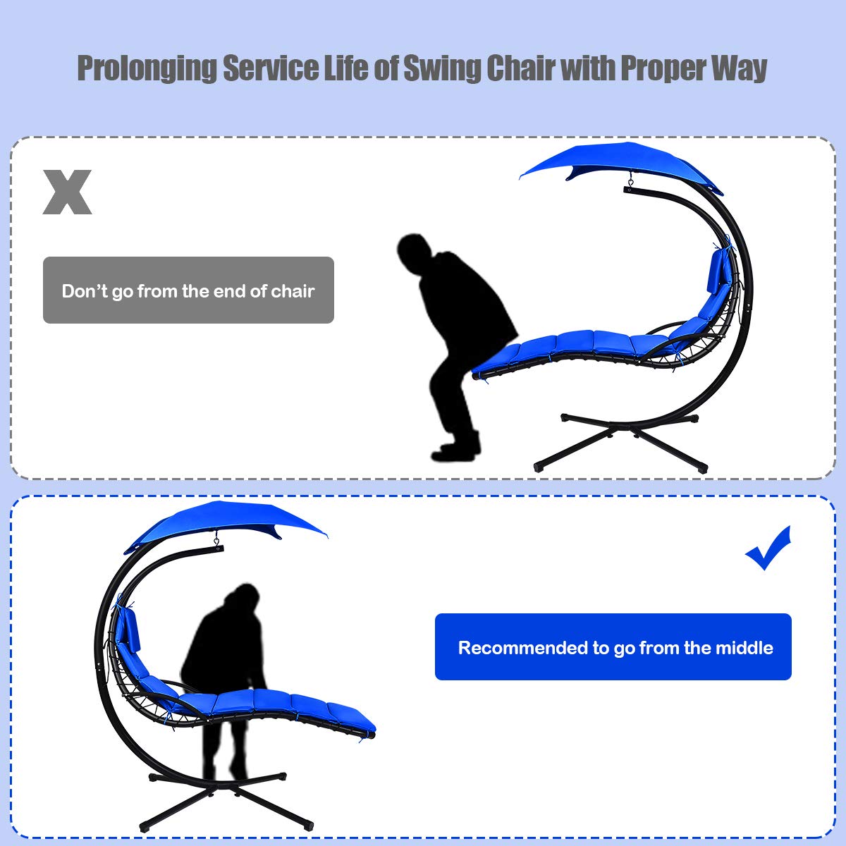 Metal Outdoor Floating Hanging Chaise Lounge Chair with Stand and Navy Blue Cushion