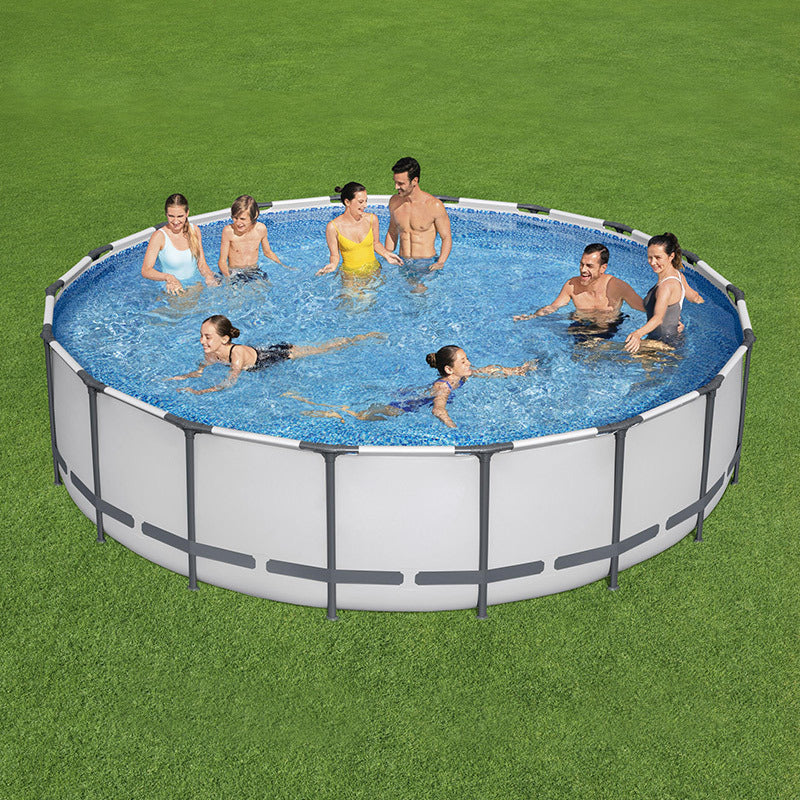 Round Blue Metal-Walled Above-Ground Swimming Pool with Filter