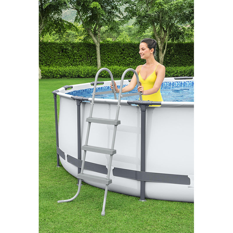 Round Blue Metal-Walled Above-Ground Swimming Pool with Filter