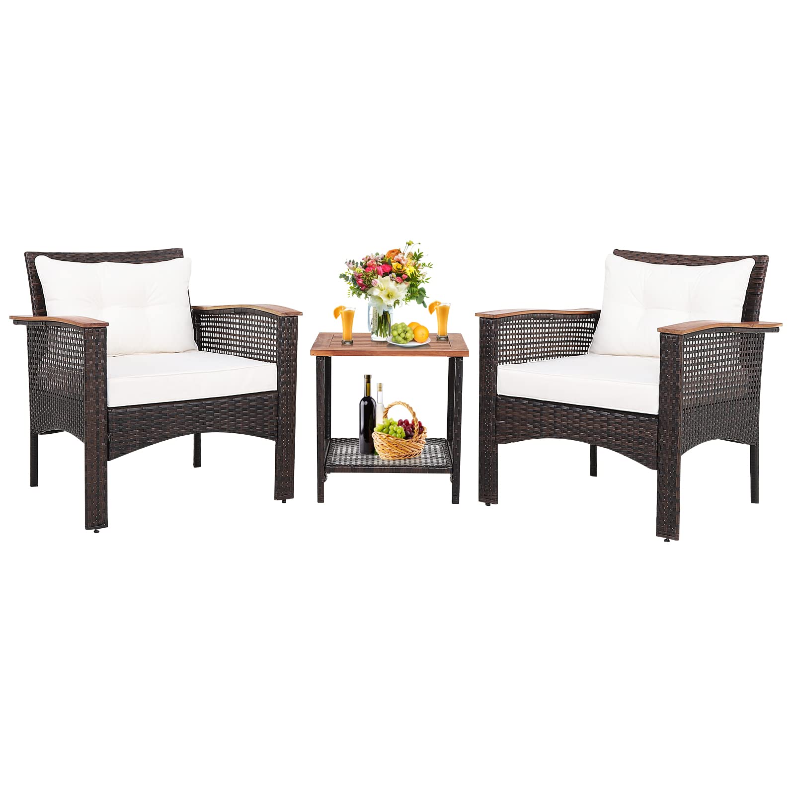 3-Piece Wicker Outdoor Bistro Set with White Cushions