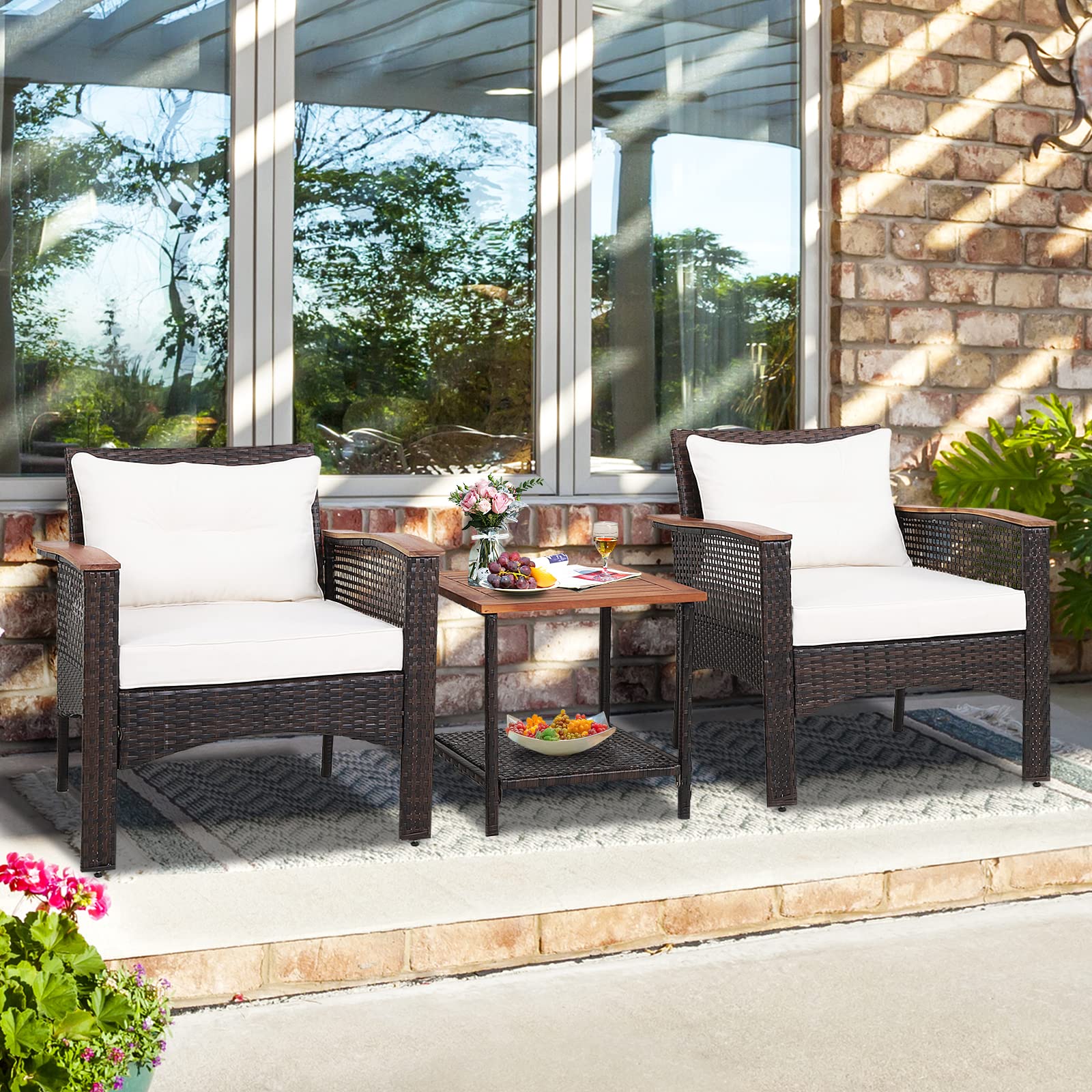 3-Piece Wicker Outdoor Bistro Set with White Cushions