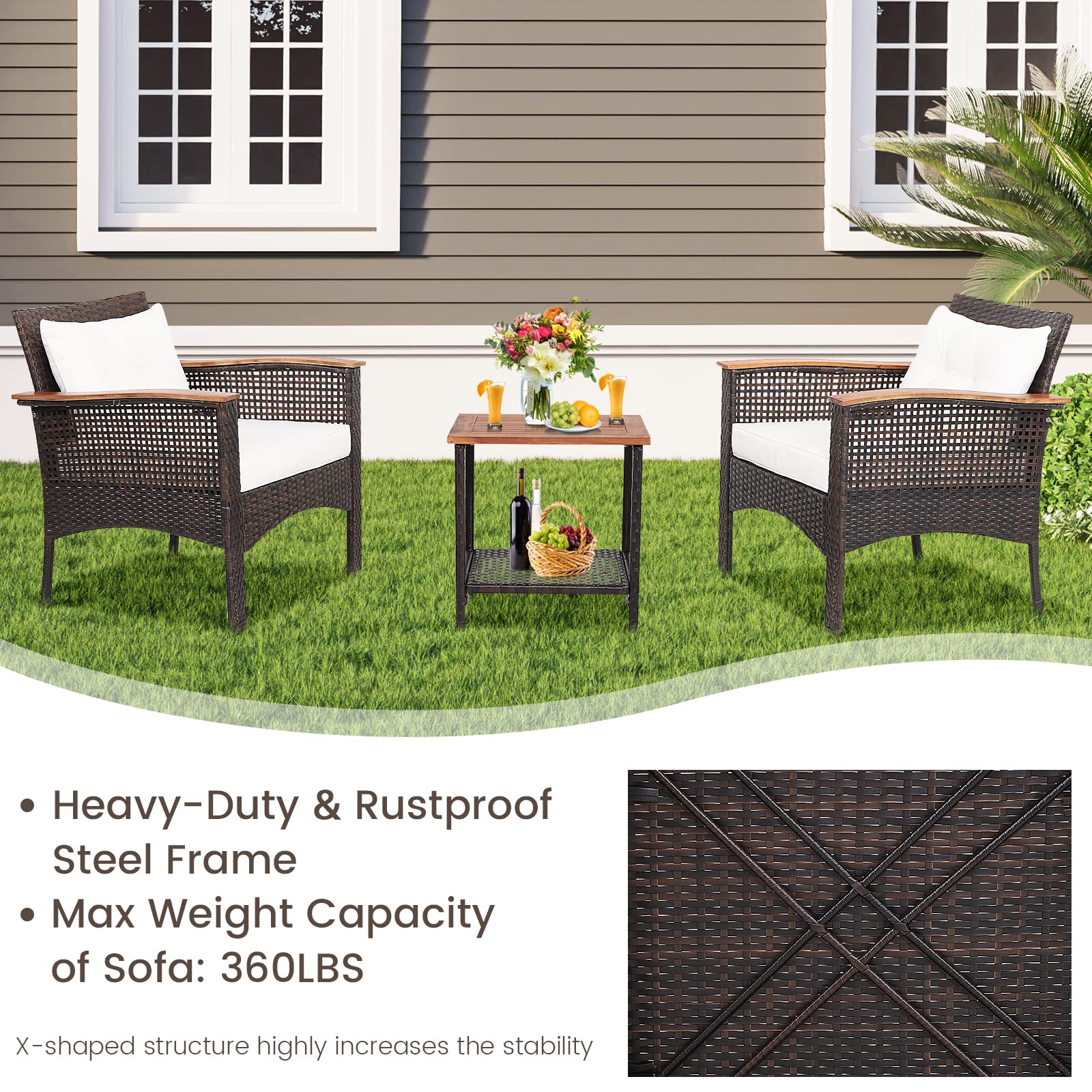 3-Piece Wicker Outdoor Bistro Set with White Cushions