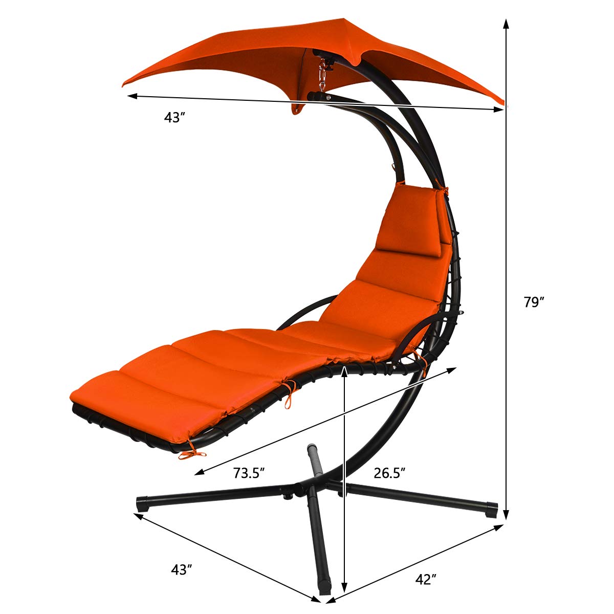 Metal Outdoor Floating Hanging Chaise Lounge Chair with Stand and Orange Cushion