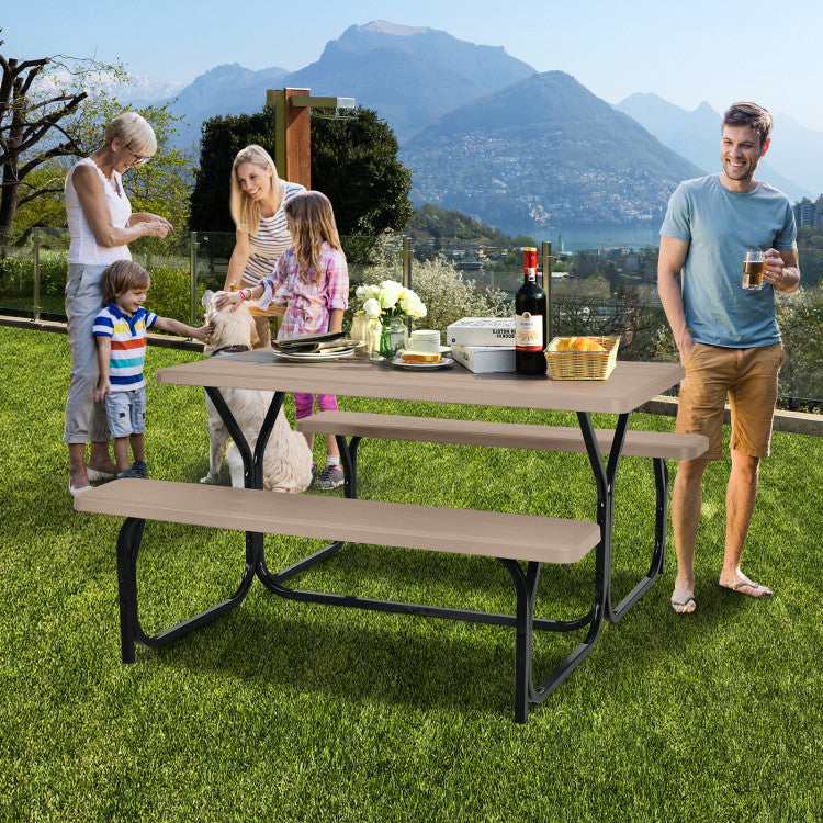SUGIFT HDPE Outdoor Picnic Table Bench Set with Metal Base Coffee