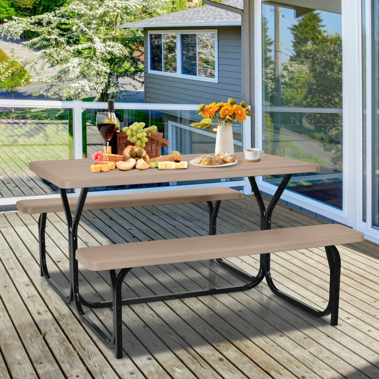SUGIFT HDPE Outdoor Picnic Table Bench Set with Metal Base Coffee