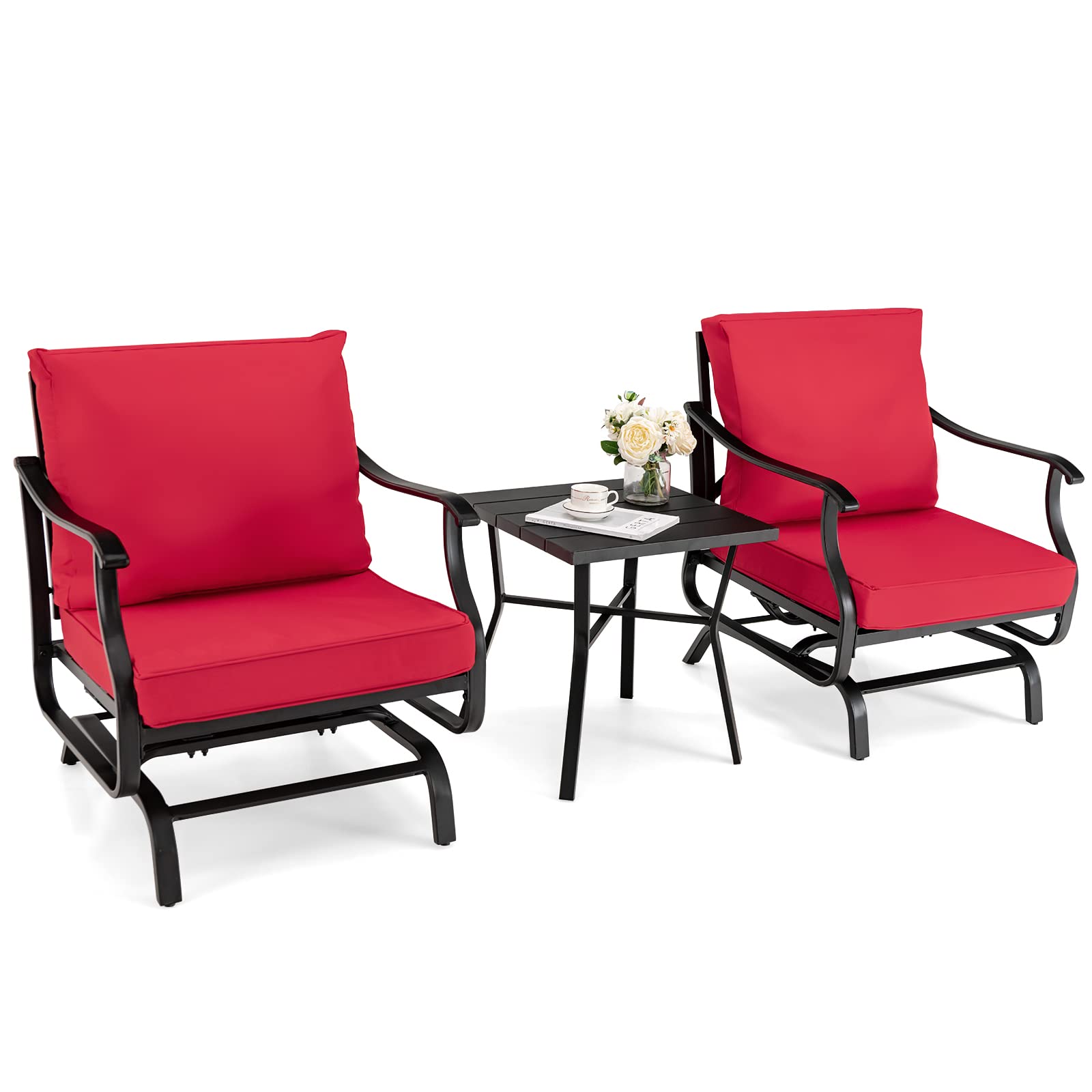 Red Metal 3-Piece Outdoor Rocking Chair Set with Coffee Table