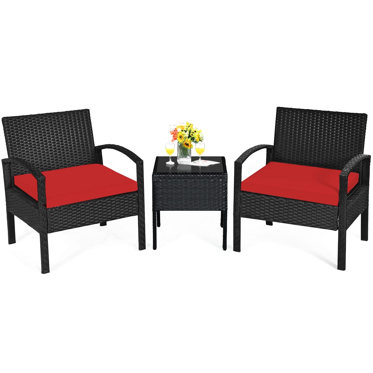 Black 3-Piece Wicker Outdoor Patio Conversation Set with Red Cushions
