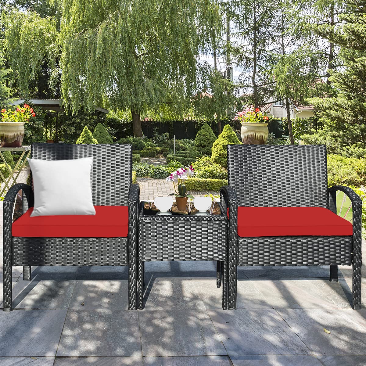 Black 3-Piece Wicker Outdoor Patio Conversation Set with Red Cushions