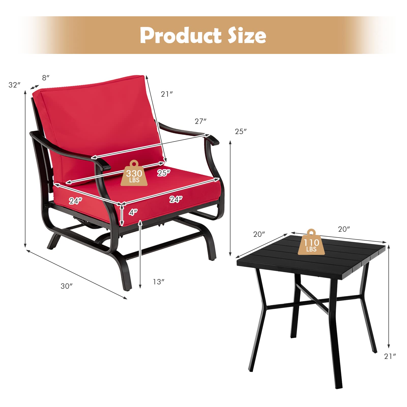 Red Metal 3-Piece Outdoor Rocking Chair Set with Coffee Table