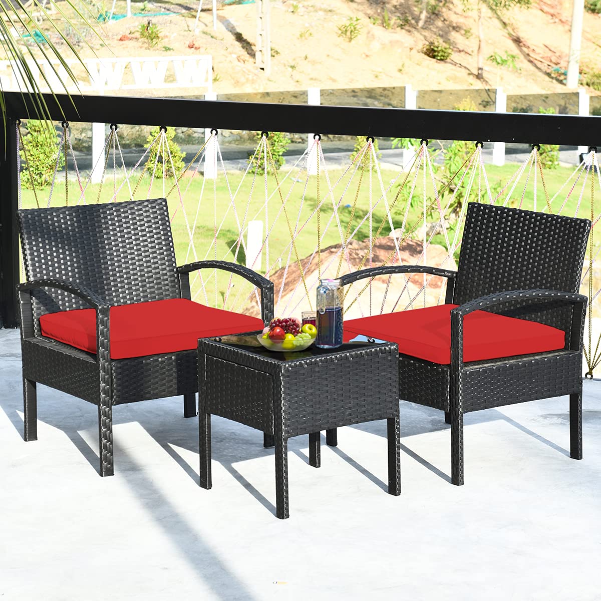 Black 3-Piece Wicker Outdoor Patio Conversation Set with Red Cushions