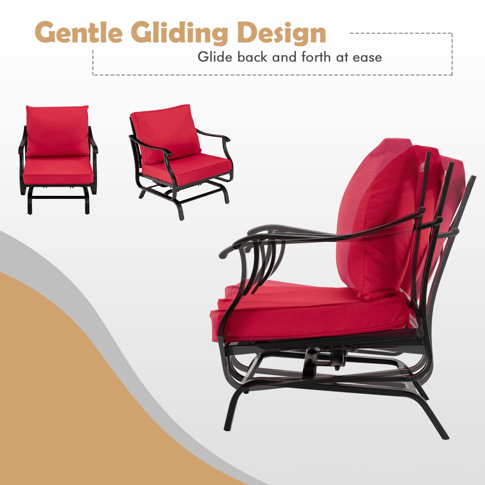 Red Metal 3-Piece Outdoor Rocking Chair Set with Coffee Table